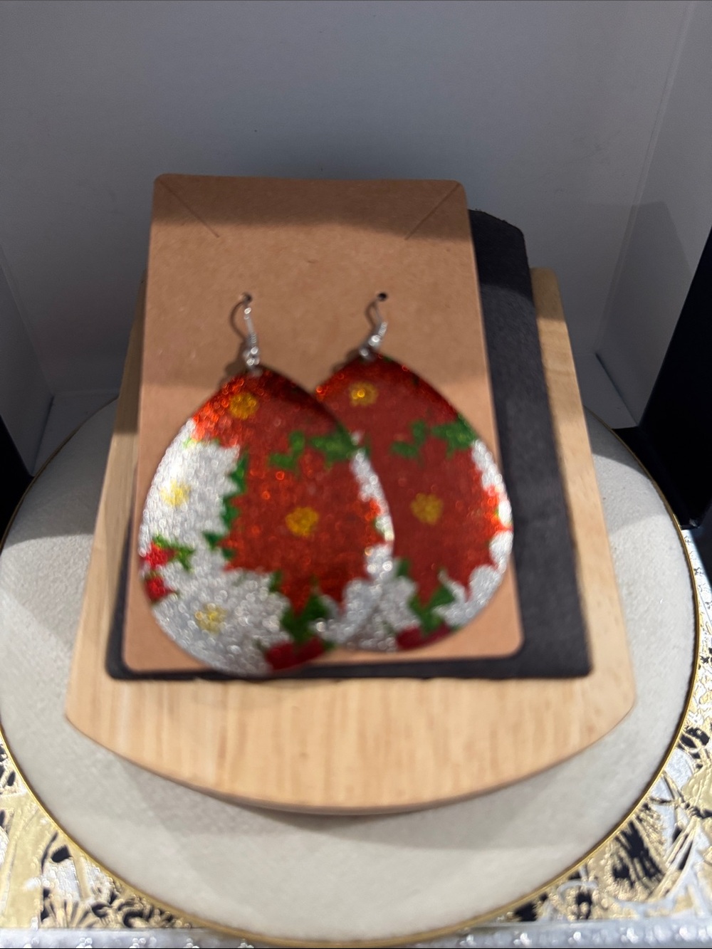 Festive Red and Silver Poinsettia Teardrop Earrings
